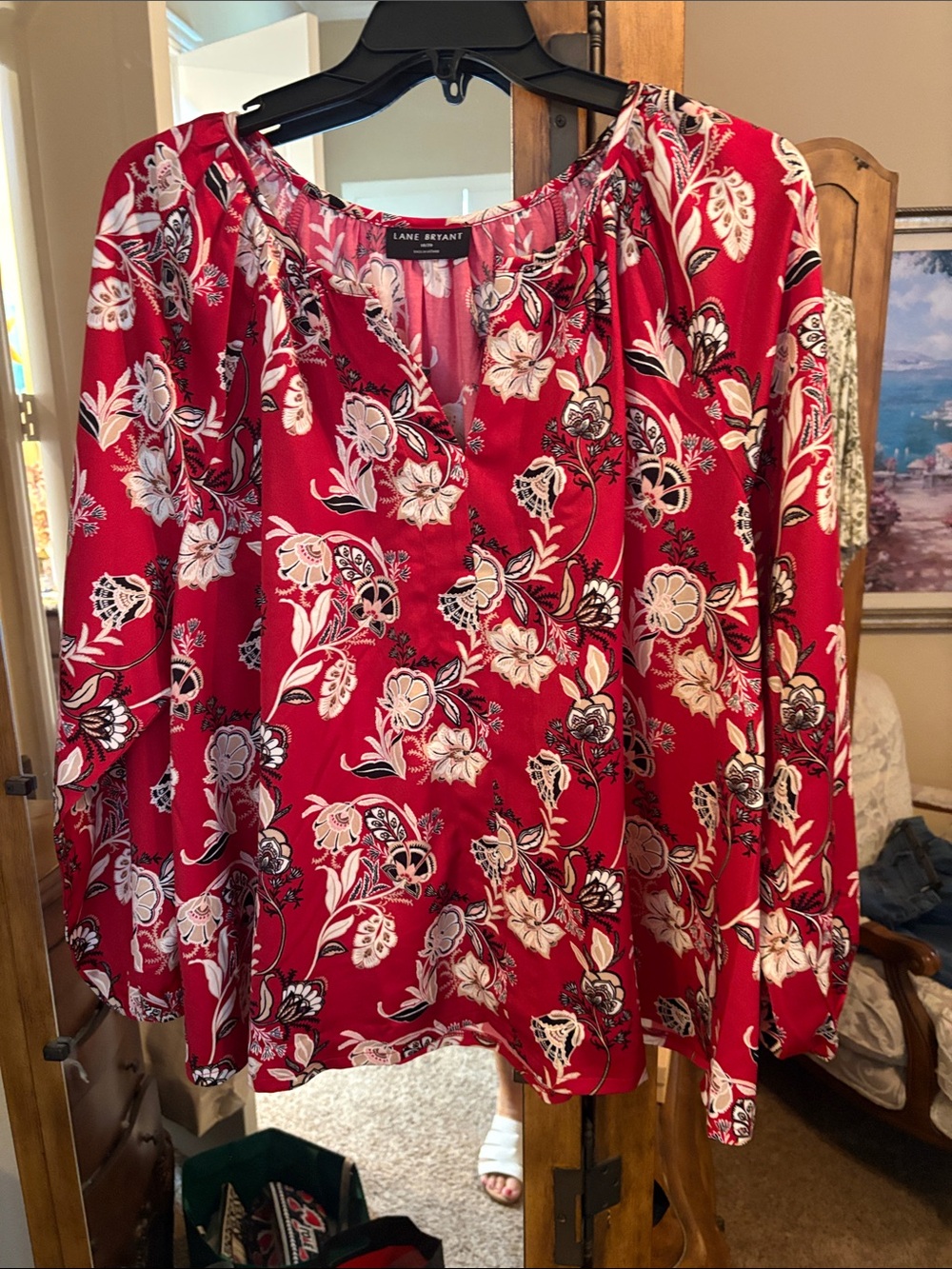 Lane Bryant Red Floral Peasant Top